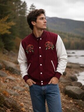 Lifted Anchors Windsor Varsity Letterman Jacket Embroidered Anchor Roses